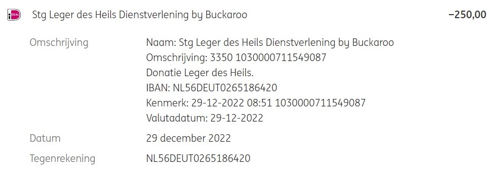 29-12-2022 Leger des Heils gesponsord voor <strong>€ 250,-</strong>